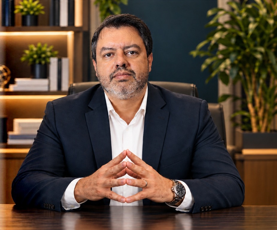 Dr. Everton Dias sentado à mesa do consultório